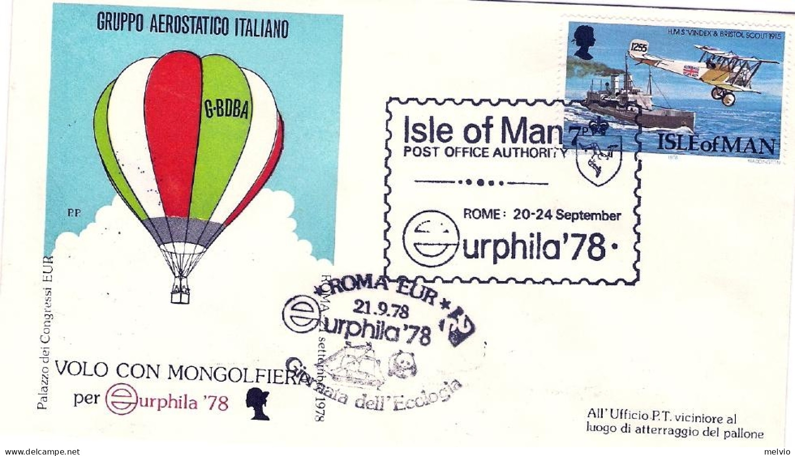 1978-Isola Di Man Volo Con Mongolfiera Per Eurphila Roma-Pomezia Al Verso Bollo  - Isola Di Man