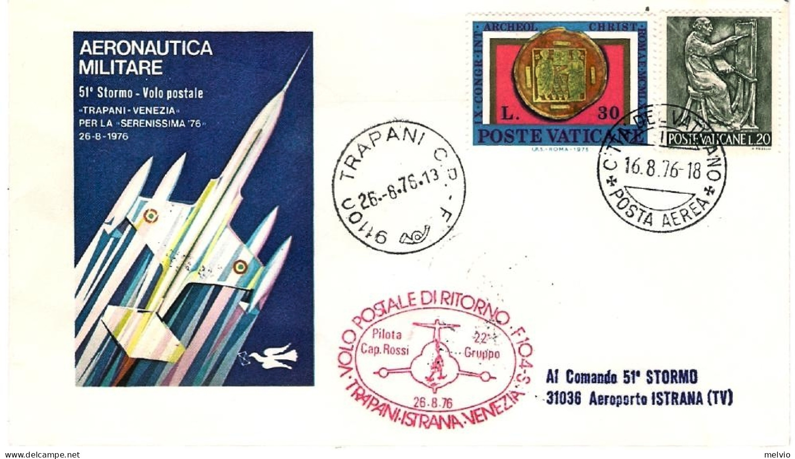 Vaticano-1976 Volo Trapani Istrana (TV) Con Bollo Figurato Esperimento Di Posta  - Airmail