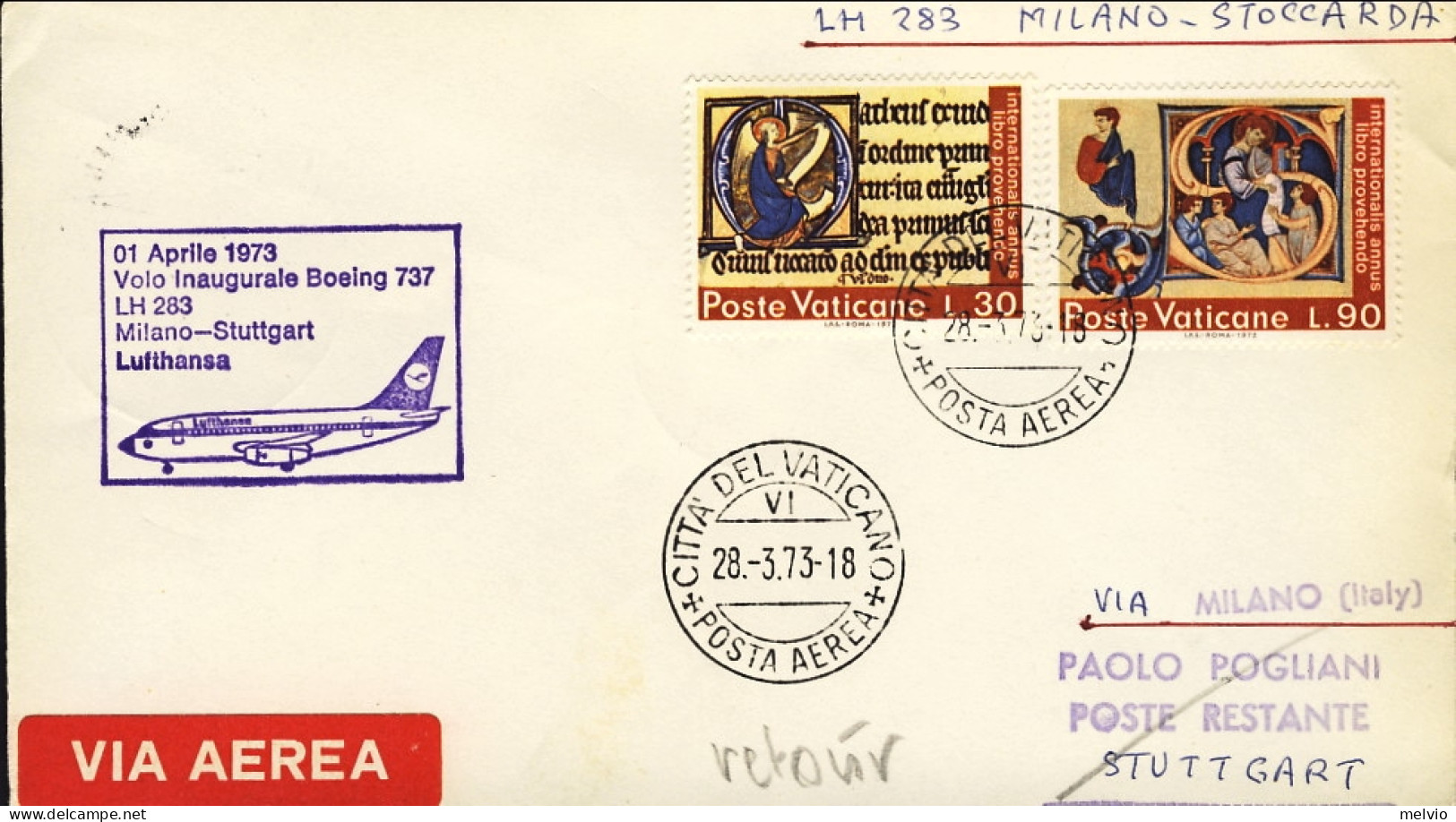 Vaticano-1973 I^volo Boeing 737 Milano Stoccarda Del 1 Aprile - Airmail