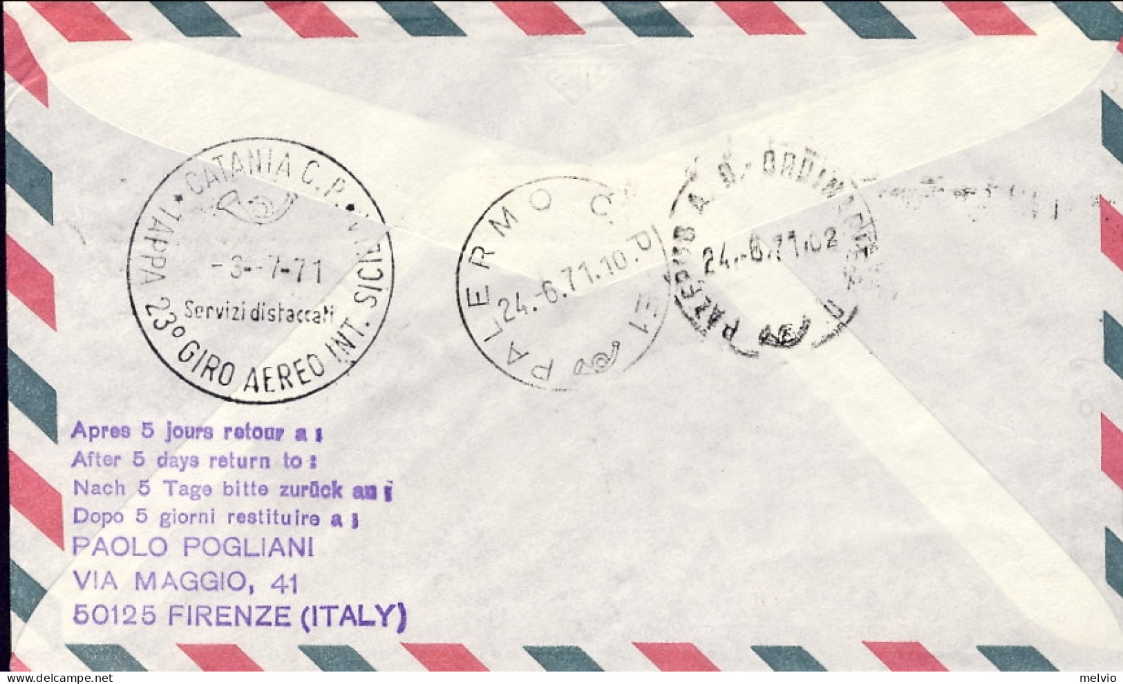 1971-Nazioni Unite Per Il 23^ Giro Aereo D'internazionale Di Sicilia Del 3 Lugli - Posta Aerea