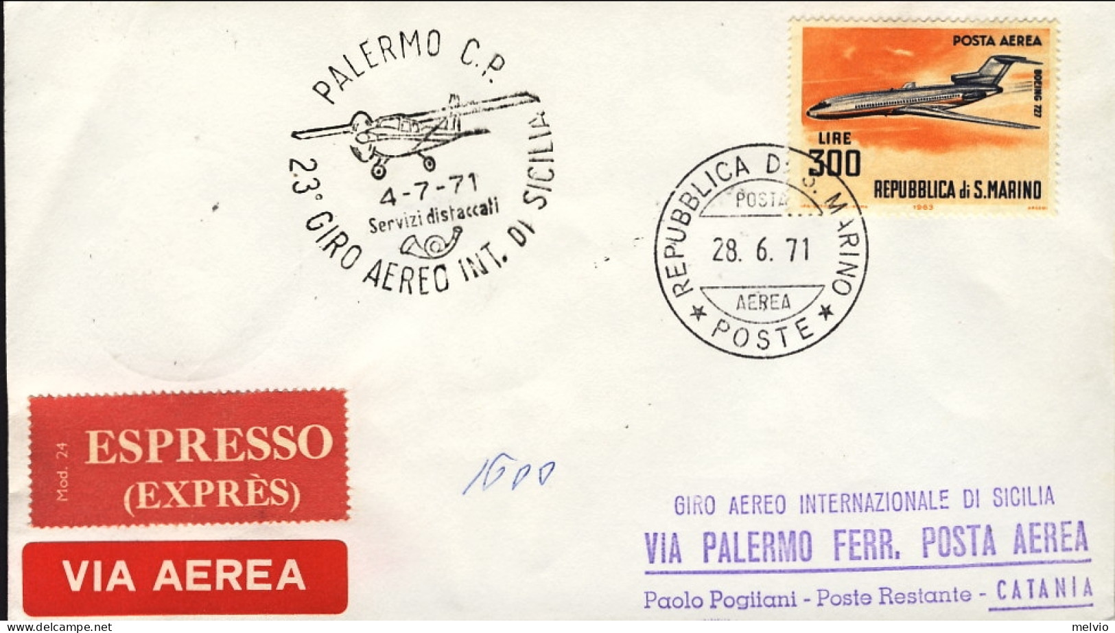 San Marino-1971 Espresso Per Il 23^ Giro Aereo D'internazionale Di Sicilia - Luchtpost