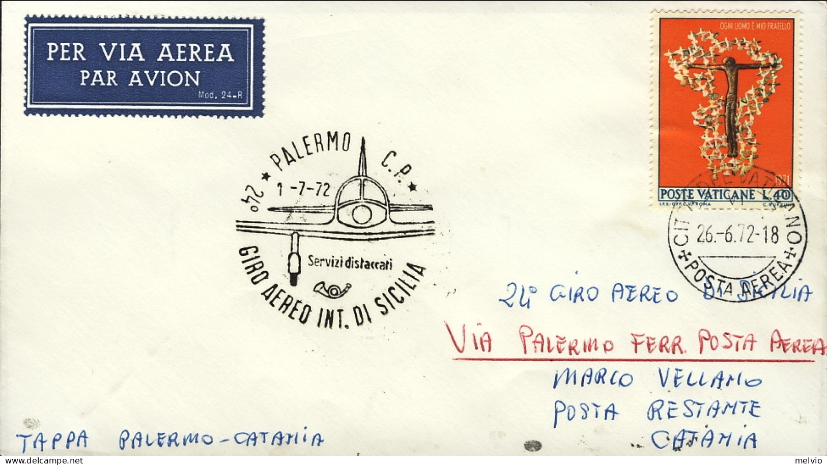Vaticano-1972 Per Il 24^ Giro Aereo D'internazionale Di Sicilia, - Luchtpost