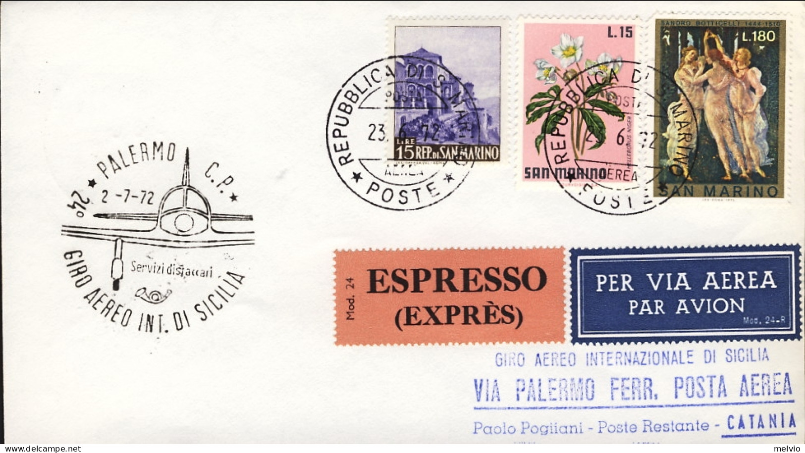 San Marino-1972 Espresso Per Il XXIV Giro Aereo Internazionale Di Sicilia - Airmail