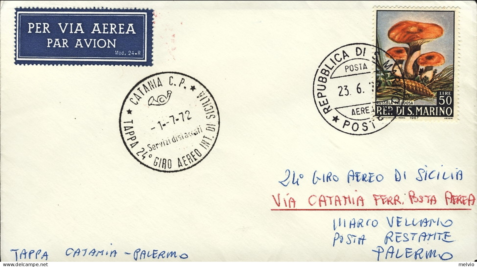 San Marino-1972 XXIV Giro Aereo Internazionale Di Sicilia Tappa Catania Palermo - Airmail