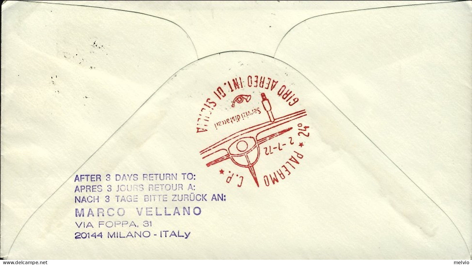 San Marino-1972 XXIV Giro Aereo Internazionale Di Sicilia Tappa Catania Palermo - Airmail