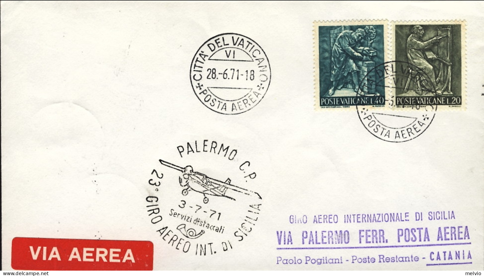 Vaticano-1971 Per Il 23^ Giro Aereo D'internazionale Di Sicilia Tappa Palermo Ca - Poste Aérienne