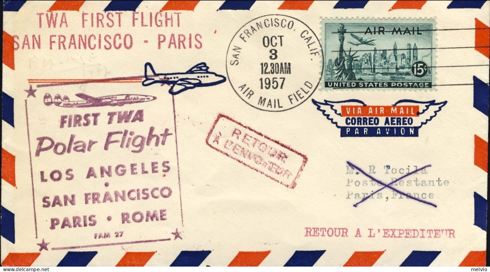 1957-U.S.A. Bollo Figurato Vinaceo I^volo Polare San Francisco-Parigi Del 3 Otto - Otros & Sin Clasificación