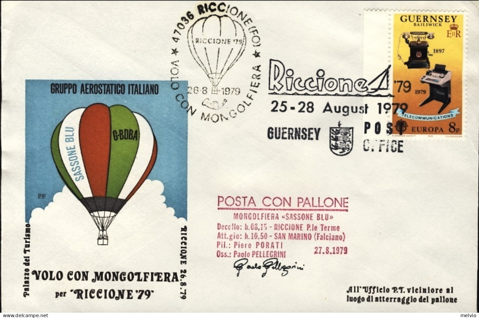 San Marino-1979-Guernsey ,bollo Amaranto Posta Con Pallone Mongolfiera Sassone B - Guernsey