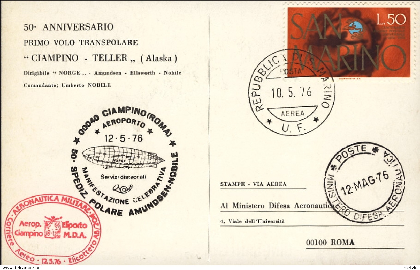 San Marino-1976 Cartolina Cinquantenario 1 Sorvolo Del Polo Nord Spedizione Pola - Airmail