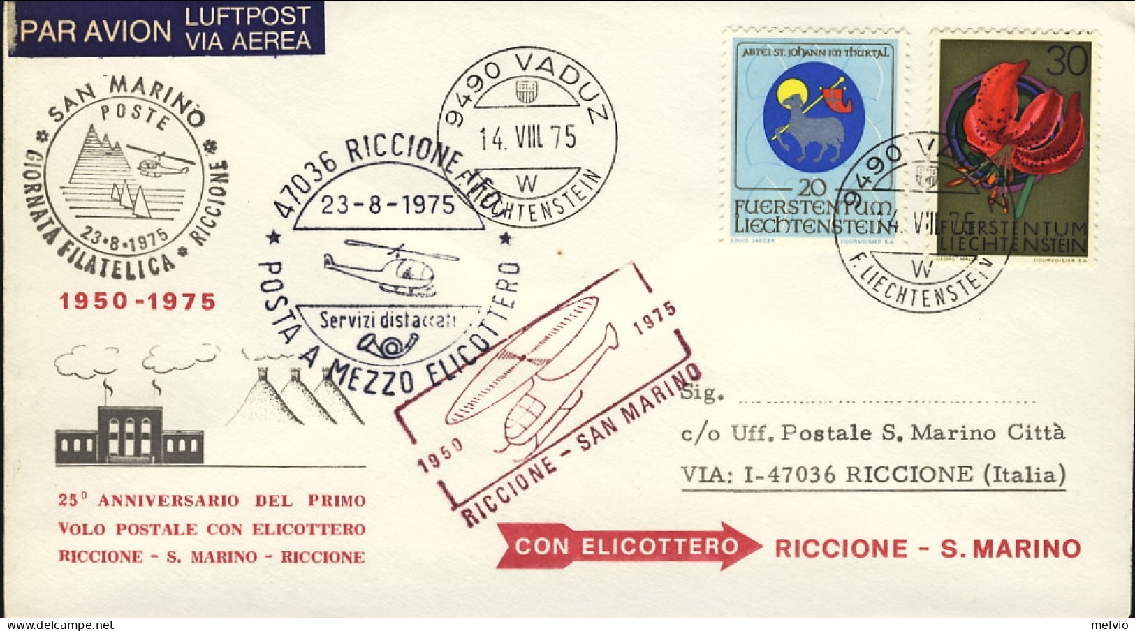 1975-Liechtenstein Giornata Filatelica Riccione Posta A Mezzo Elicottero San Mar - Aéreo