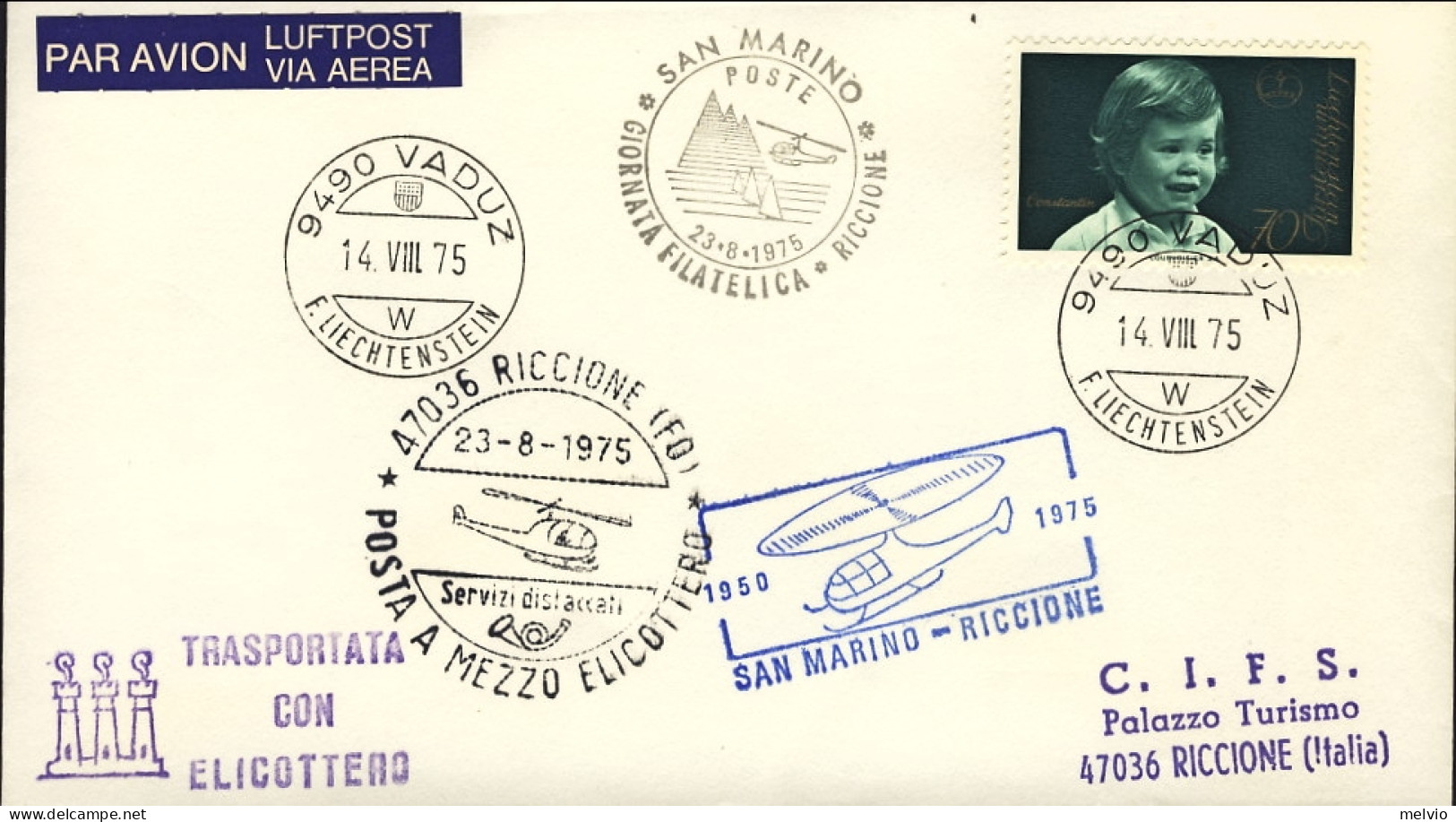 1975-Liechtenstein Giornata Filatelica Riccione Posta A Mezzo Elicottero Riccion - Aéreo