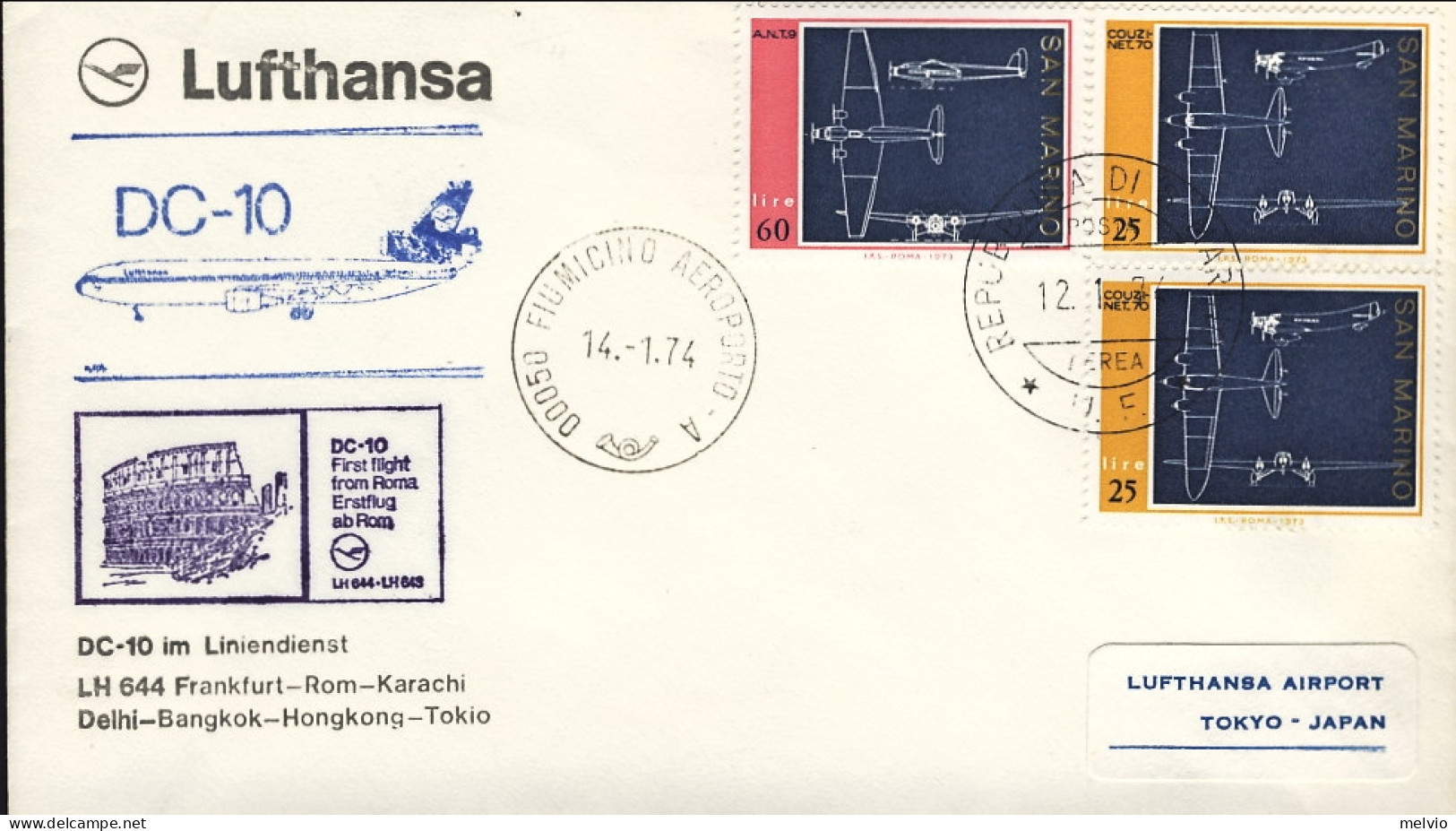 San Marino-1974 Lufthansa I^volo Dc 10 Roma Tokyo Del 14 Gennaio - Posta Aerea