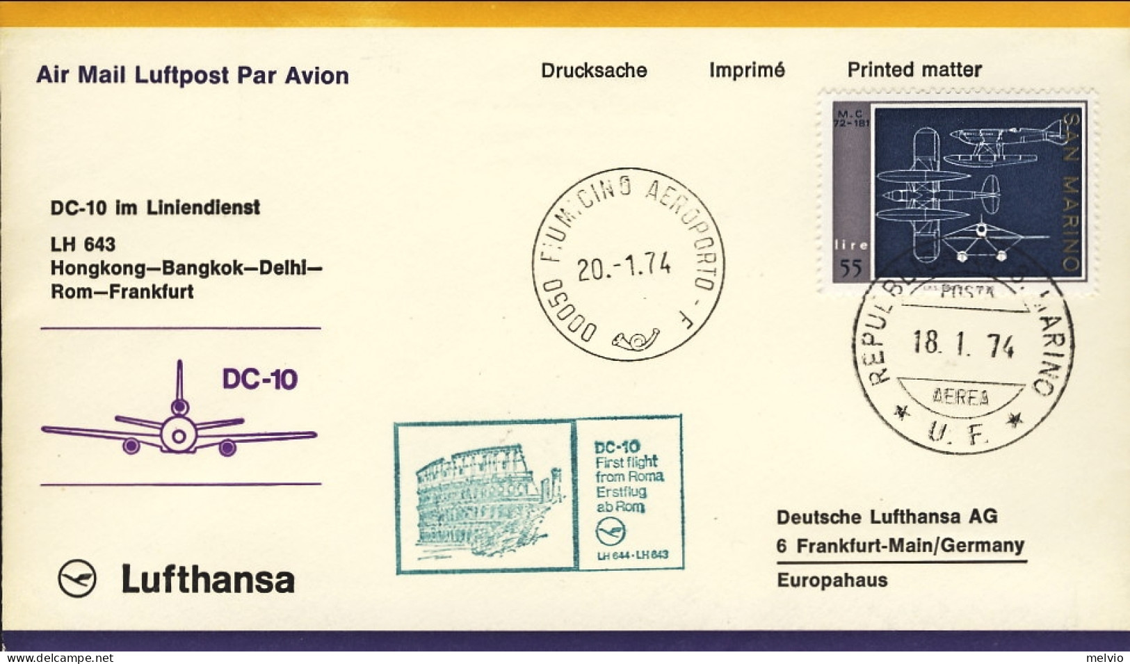 San Marino-1974 I^volo Lufthansa DC 10 Roma Francoforte Del 20 Gennaio - Airmail