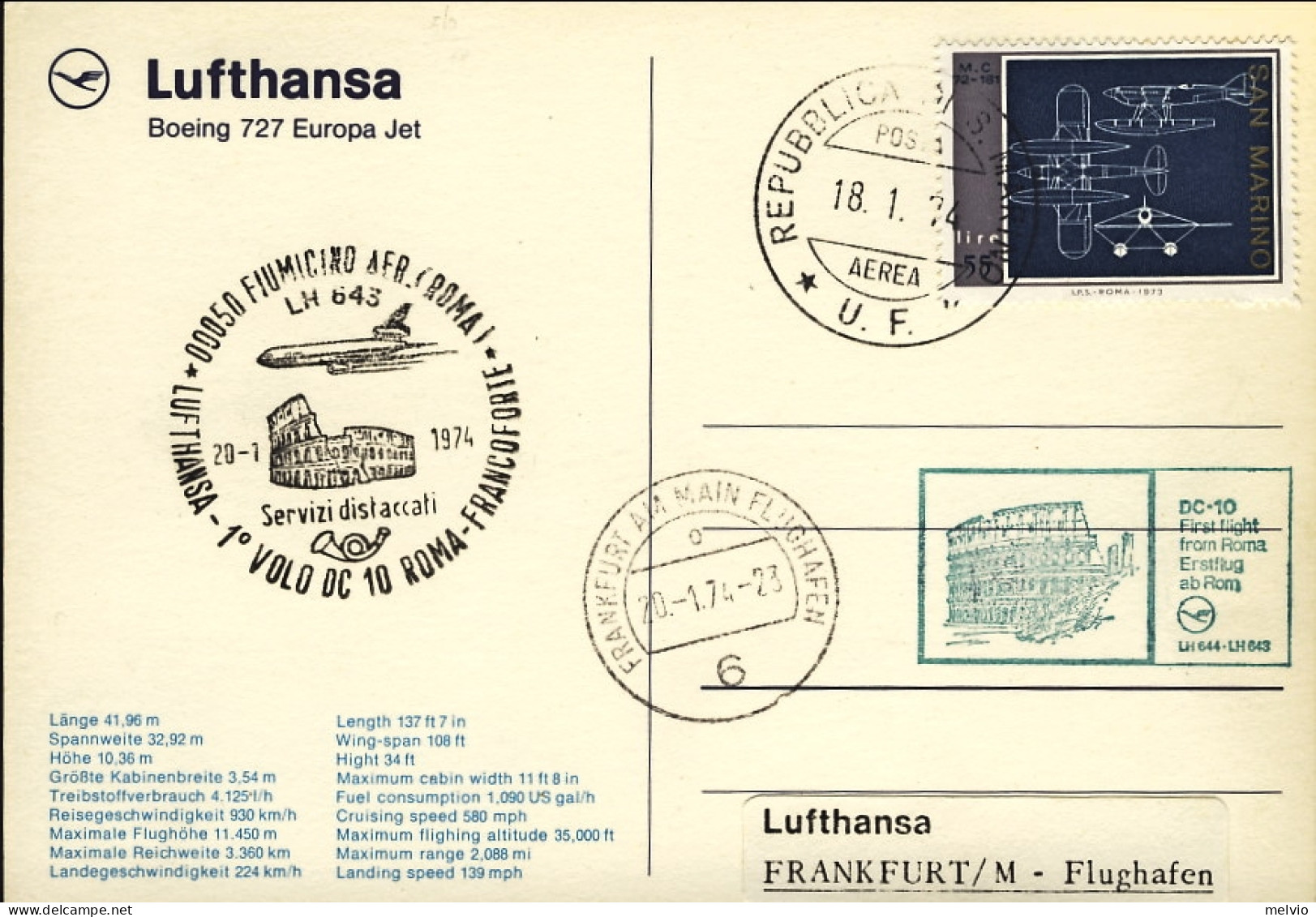 San Marino-1974 Cartolina Lufthansa I^volo DC 10 Roma Francoforte Del 20 Gennaio - Luchtpost