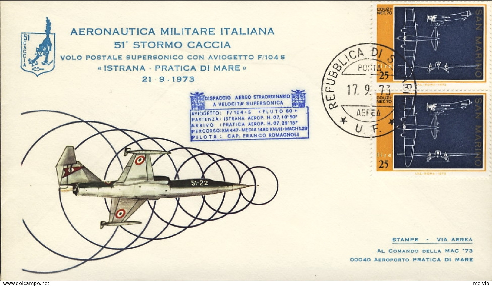 San Marino-1973 Bollo Blu Dispaccio Aereo Straordinario A Velocita' Supersonica  - Airmail