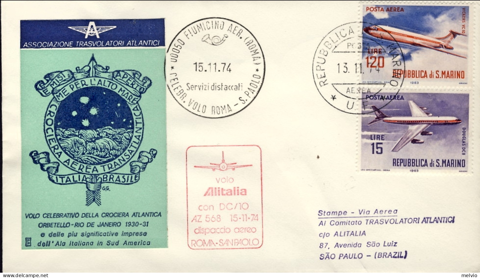 San Marino-1974 Associazione Trasvolatori Atlantici, Dispaccio Aereo Volo Alital - Luchtpost