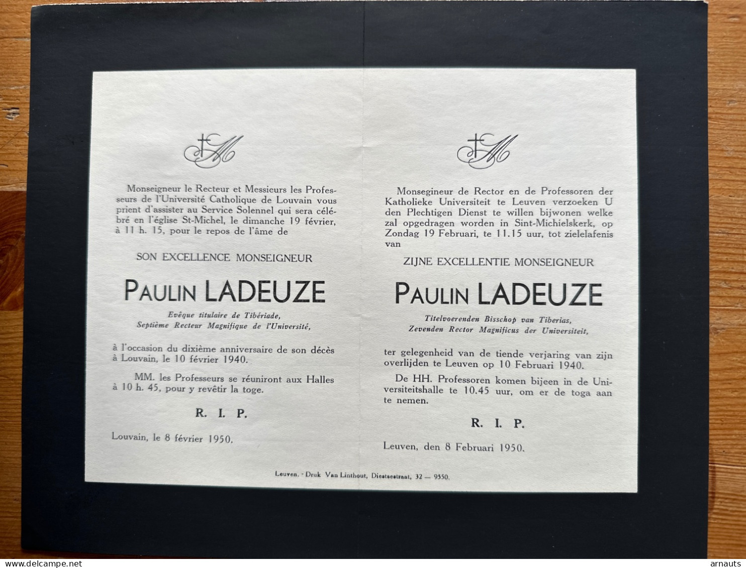 Rector Kath. Univ Leuven KUL U Gebed Excellence Monseigneur Paulin Ladeuze +1940 Leuven Namis 1950 7de Rector Magnificus - Todesanzeige