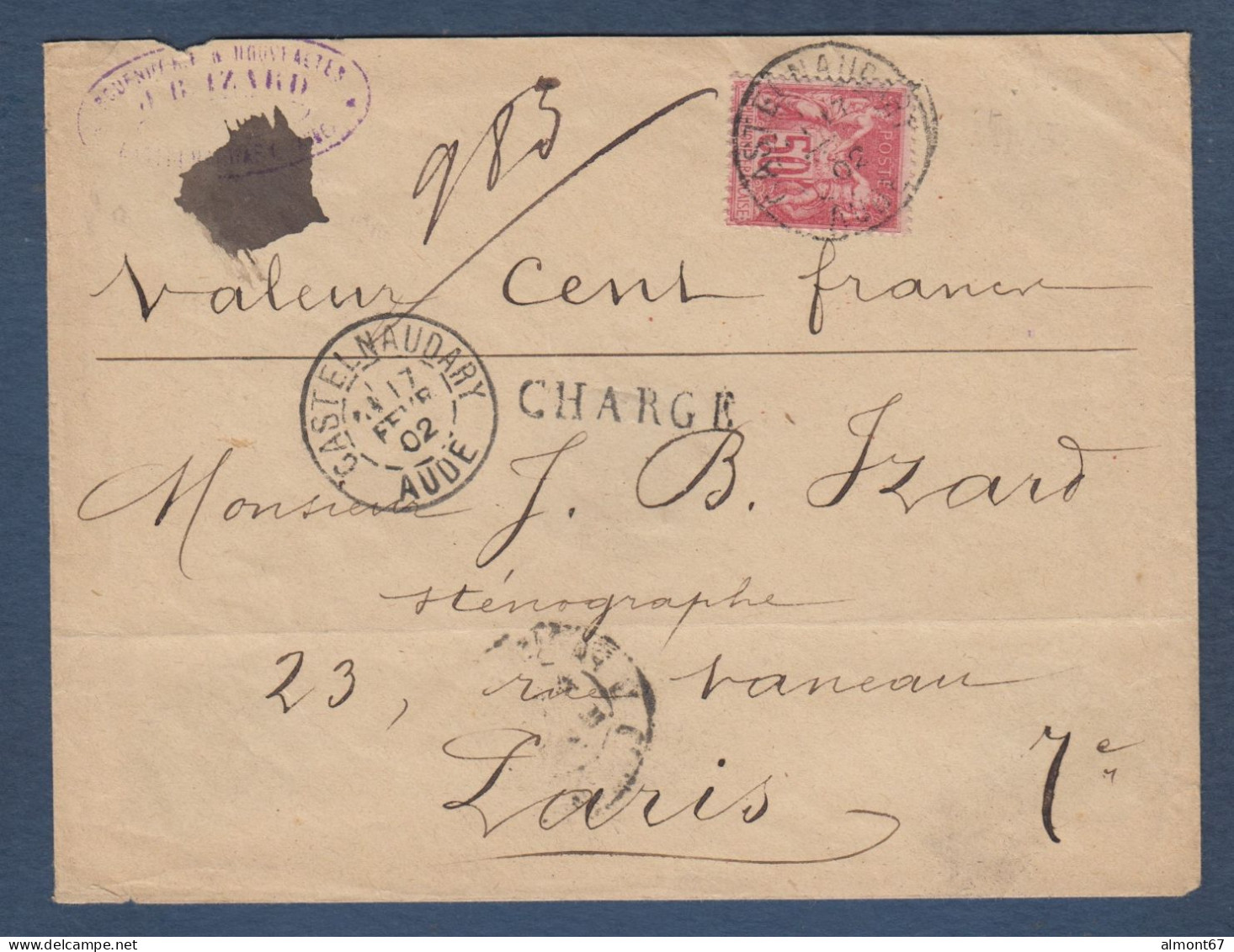 Sage N° 104 Seul Sur Lettre Chargée De Castelnaudary - Cote : 120 € - 1877-1920: Periodo Semi Moderno