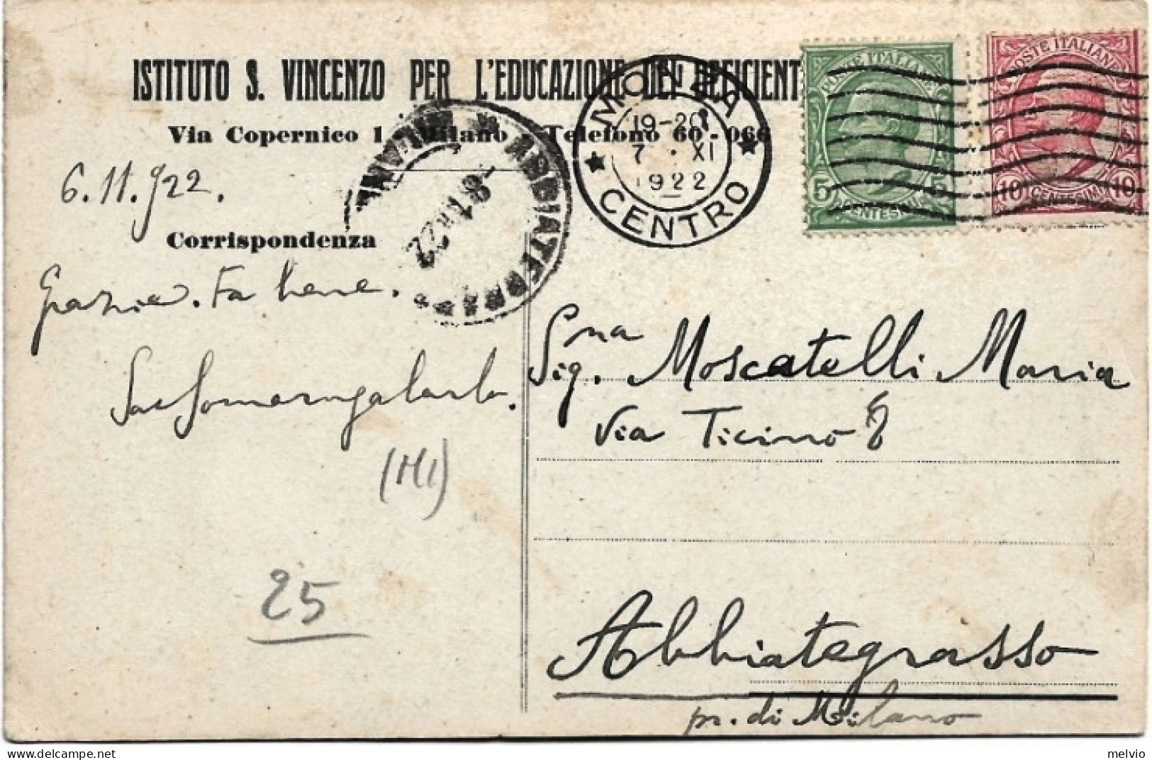 1922-Milano Istituto S.Vincenzo Per L'educazione Dei Deficienti, Viaggiata - Milano (Mailand)