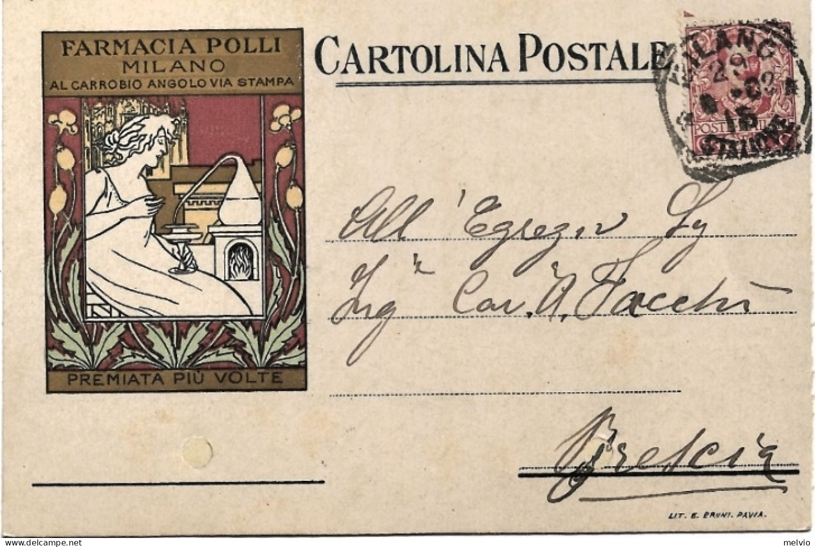 1918-Milano Farmacia Polli, Cartolina Pubblicitaria Stile Liberty Viaggiata - Werbepostkarten