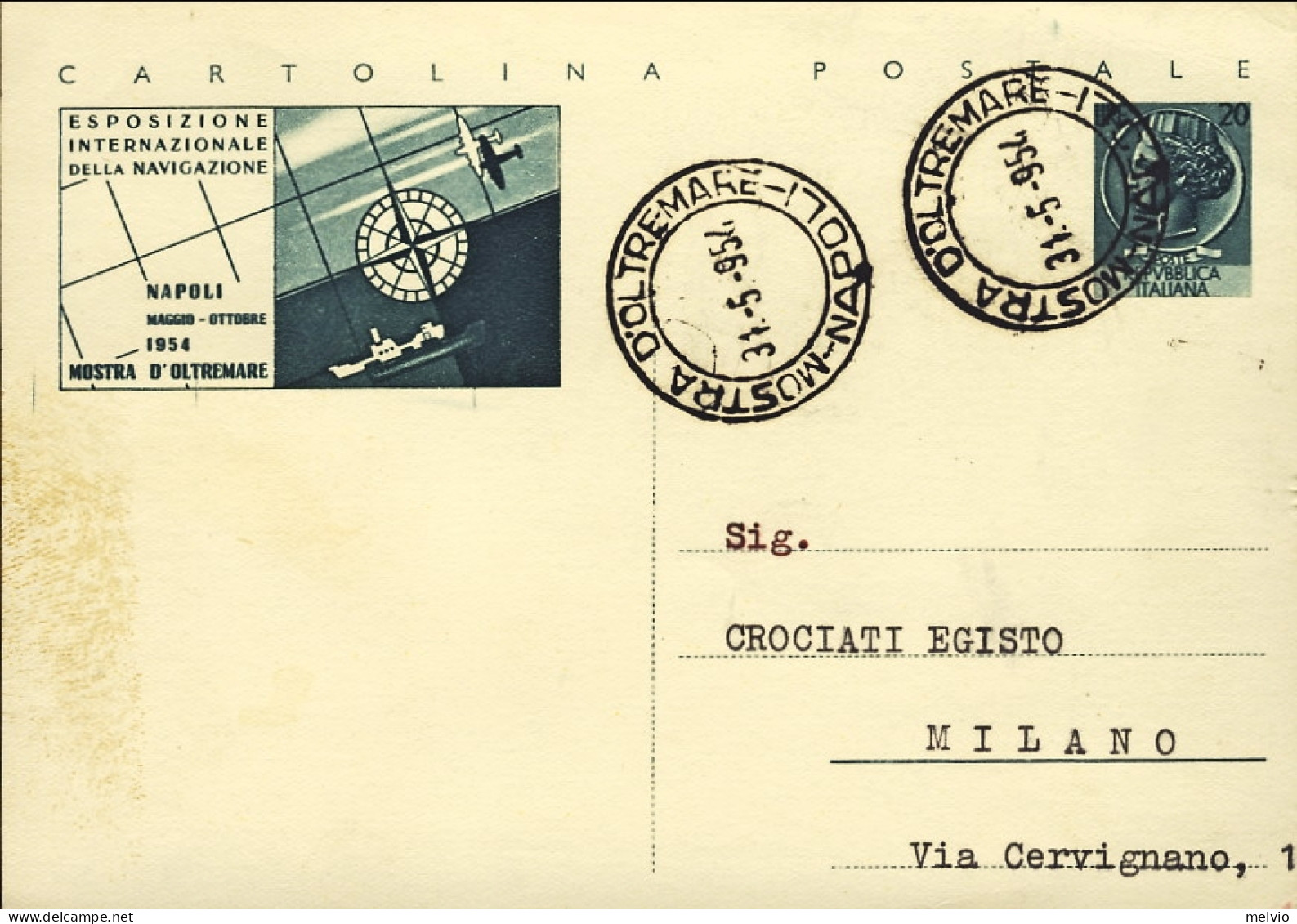 1954-cartolina Postale L.20 Fiera Mostra D'oltrenare A Napoli E Timbro Della Fie - Entiers Postaux