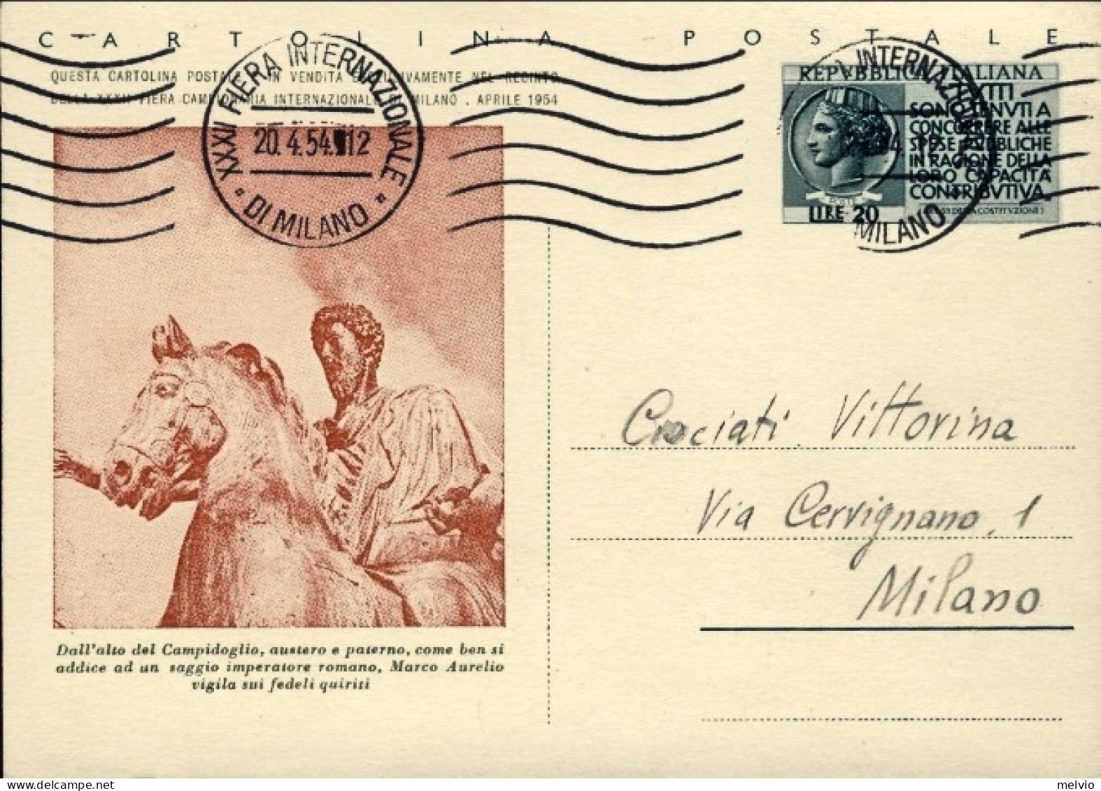 1954-cat.Pertile Euro 450, Cartolina Postale Della XXXII^Fiera Campionaria Di Mi - Ganzsachen
