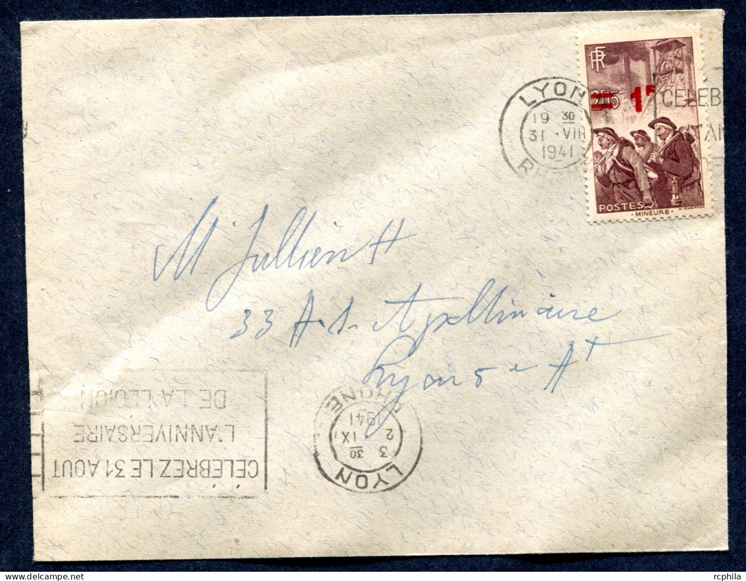 RC 27455 FRANCE N° 489 MINEURS SEUL SUR LETTRE DE LYON EN 1941 TB - 1921-1960: Periodo Moderno