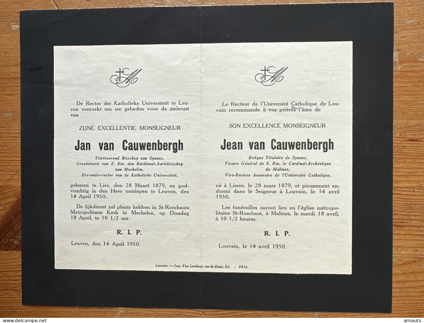 Rector Kath. Univ Leuven KUL: Excellentie Monseigneur Jan Van Cauwenbergh *1879 Lier +1950 Leuven Mechelen Bisschop Syna - Obituary Notices