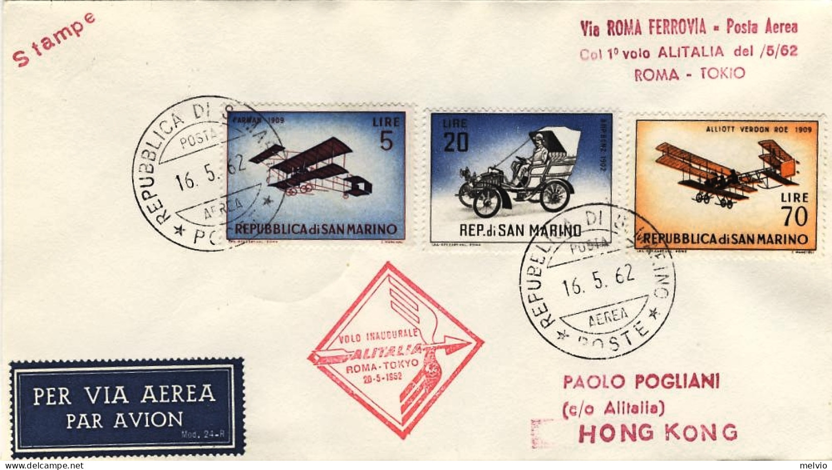 San Marino-1962 I^volo Alitalia Roma-Hong Kong Del 20 Maggio - Posta Aerea