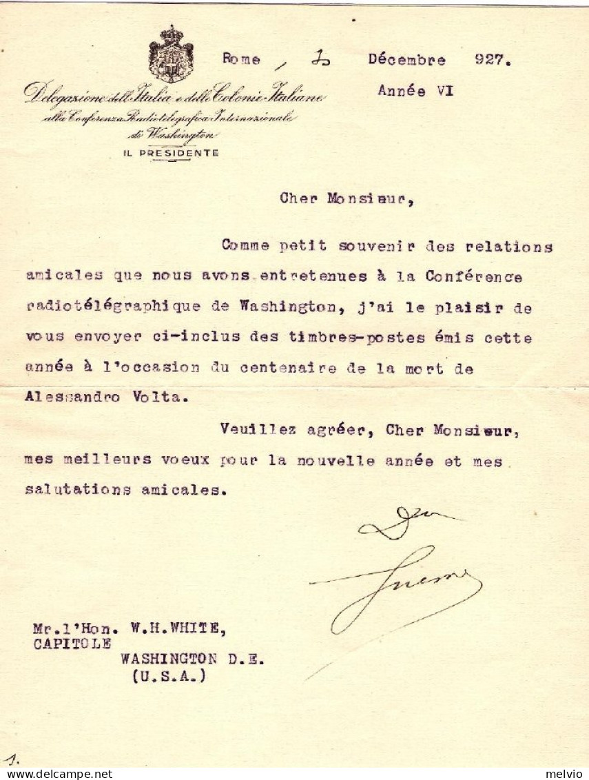 1927-conferenza Radiotelegrafica Internazionale Di Washington, Lettera Dattilosc - Historische Dokumente