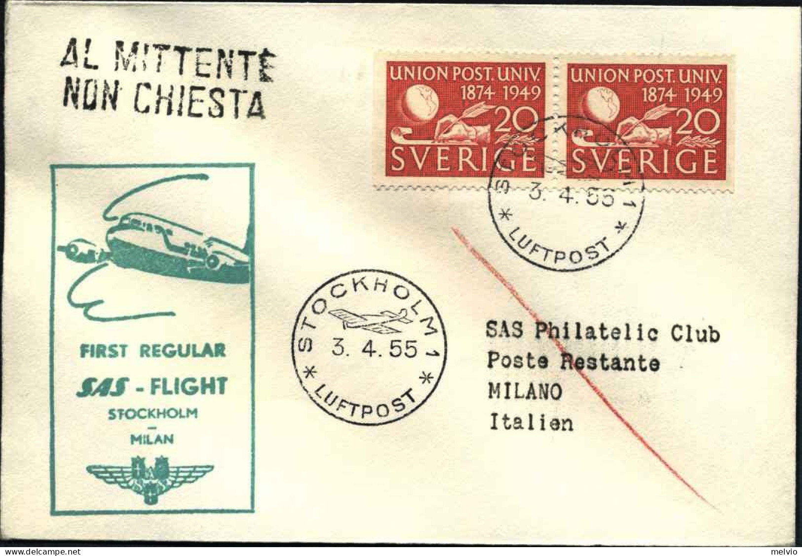 1955-Svezia Cat.Pellegrini N.629 Euro 110, I^volo SAS Stoccolma Milano Del 3 Apr - Sonstige & Ohne Zuordnung