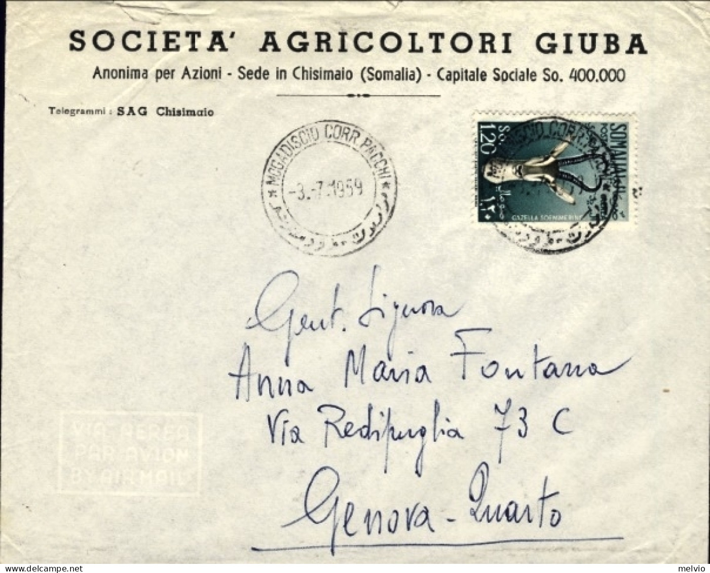 1959-Somalia A.F.I.S. Cat.Sassone Euro 180, Affr. Posta Aerea 1,20som.Gazzella,a - Somalia (AFIS)