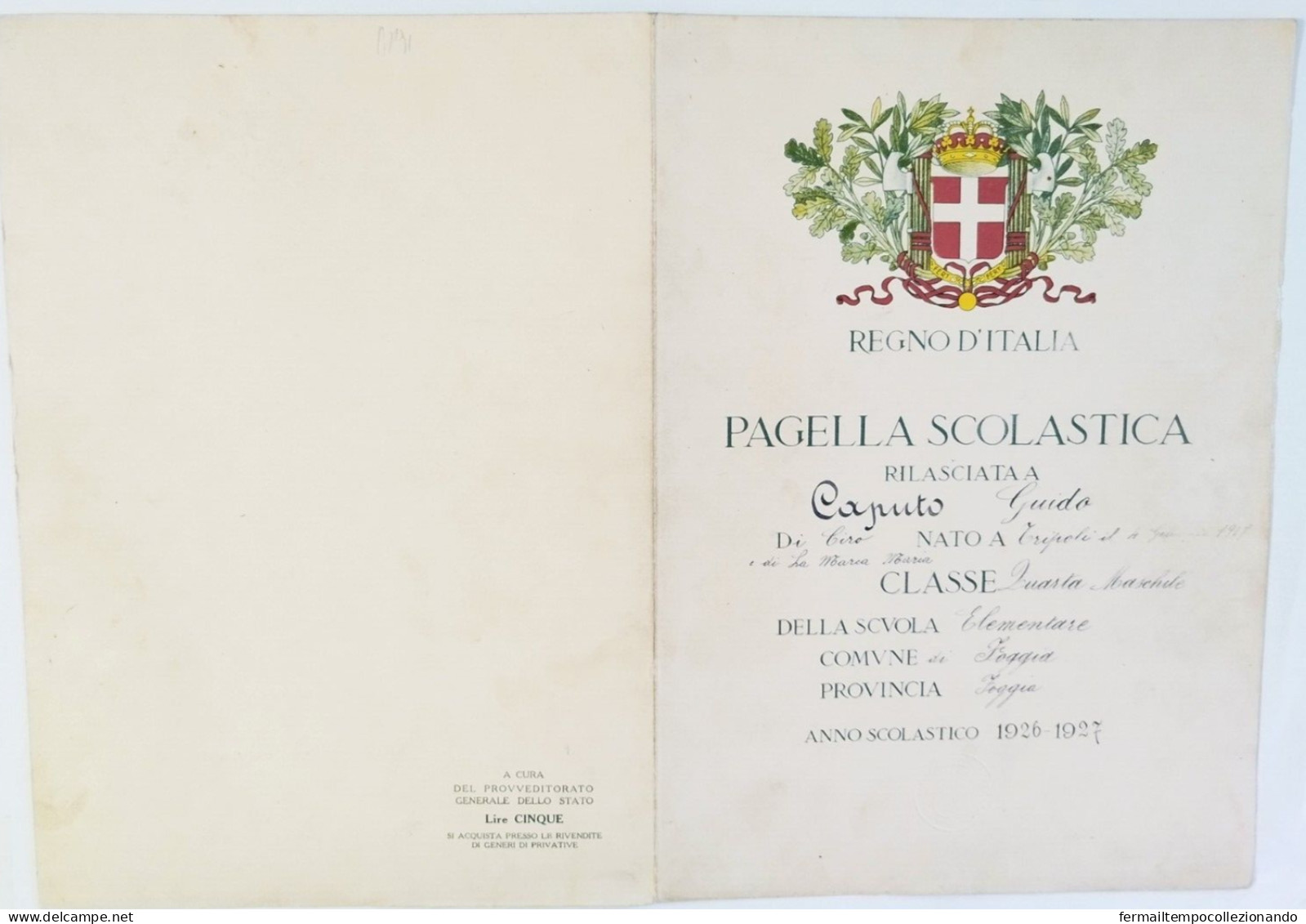 Bp91 Pagella Fascista Opera Balilla Regno D'italia Foggia 1929 - Diplômes & Bulletins Scolaires