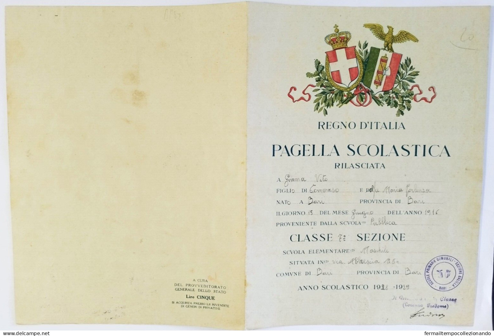 Bp85 Pagella Fascista Opera Balilla Regno D'italia Bari 1929 - Diplome Und Schulzeugnisse