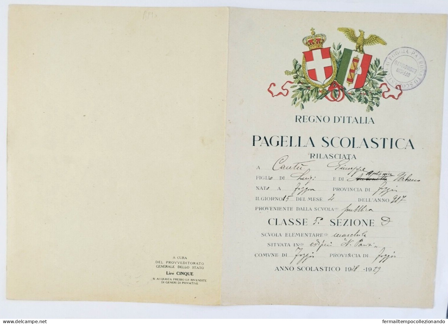 Bp90 Pagella Fascista Opera Balilla Regno D'italia Foggia 1929 - Diplomi E Pagelle