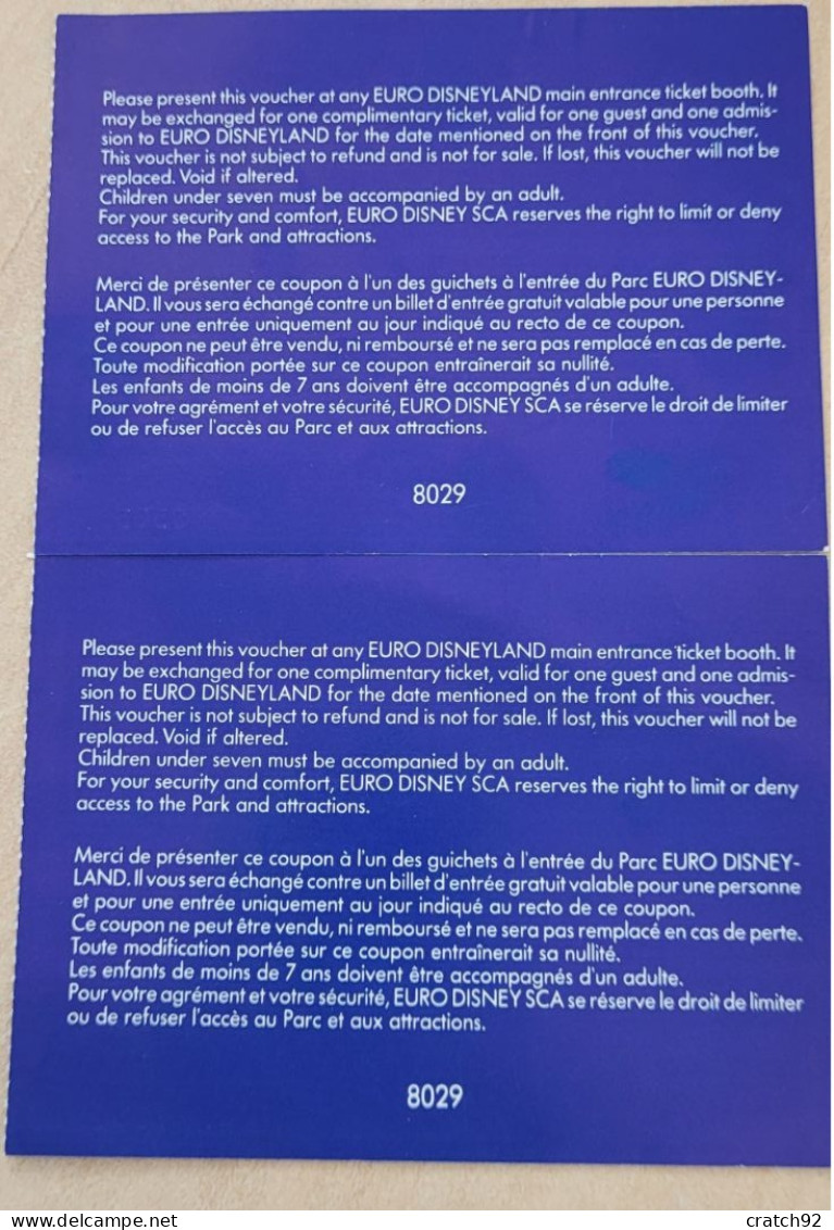 2 Tickets D'entrée Eurodisney Avant Première 11 Avril 1992 - Tickets D'entrée