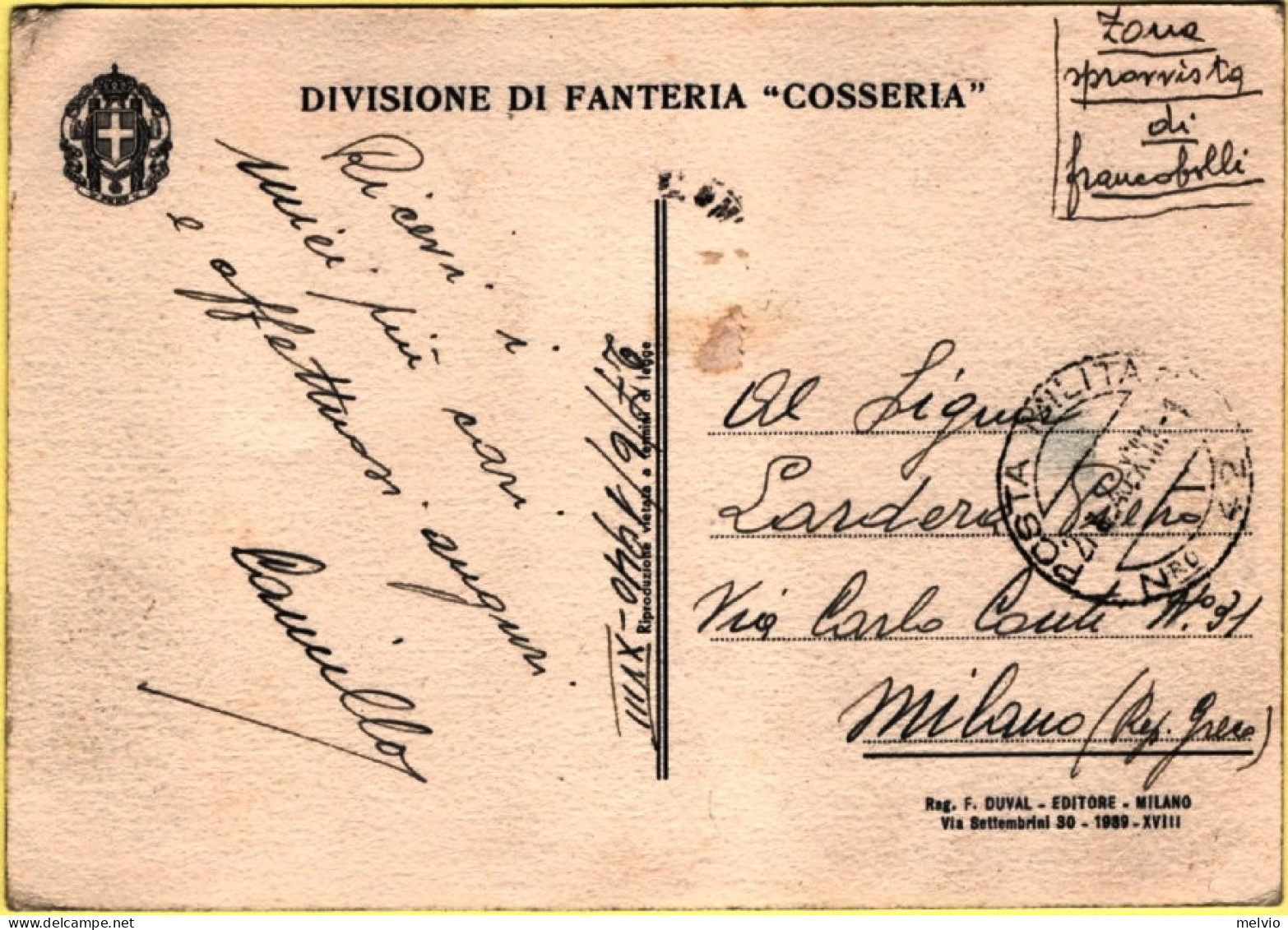 1940-Divisione Di Fanteria "Cosseria" Illustratore Cenni,viaggiata - Patriotiques