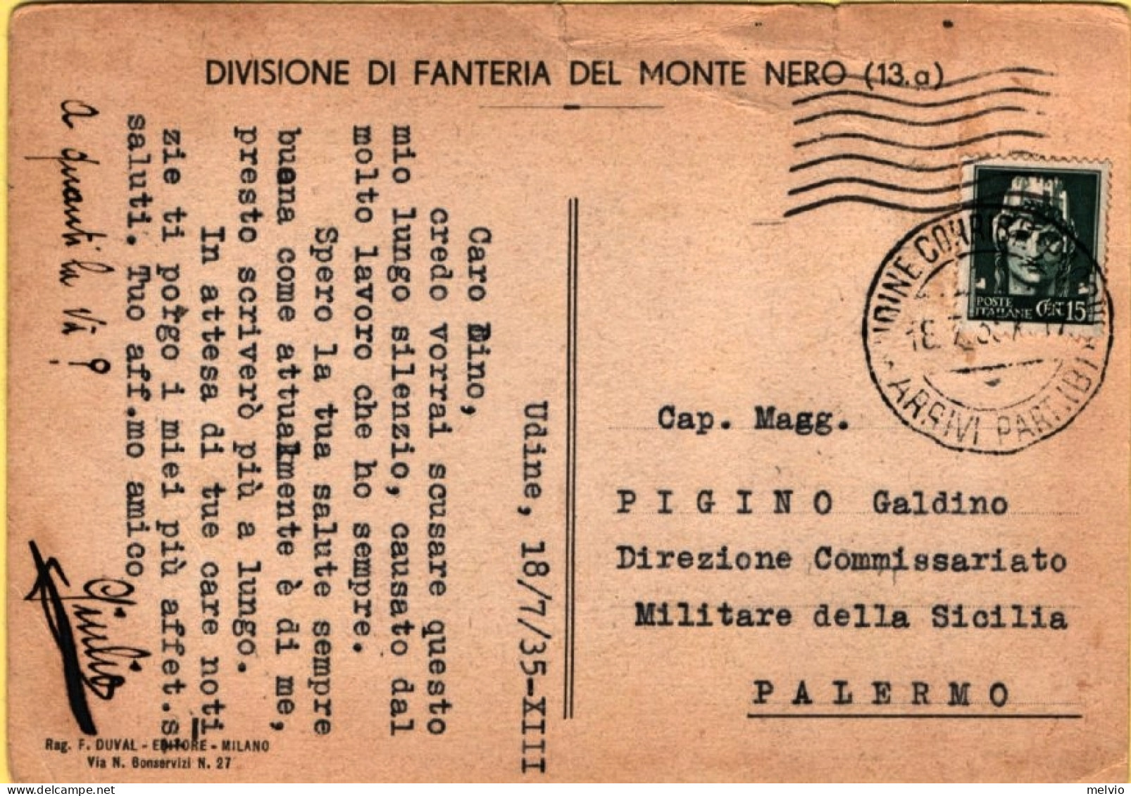 1935-reggimentale Legio Utinensis Patiae Custos, Viaggiata, Rara Ma Un Pò Difett - Régiments