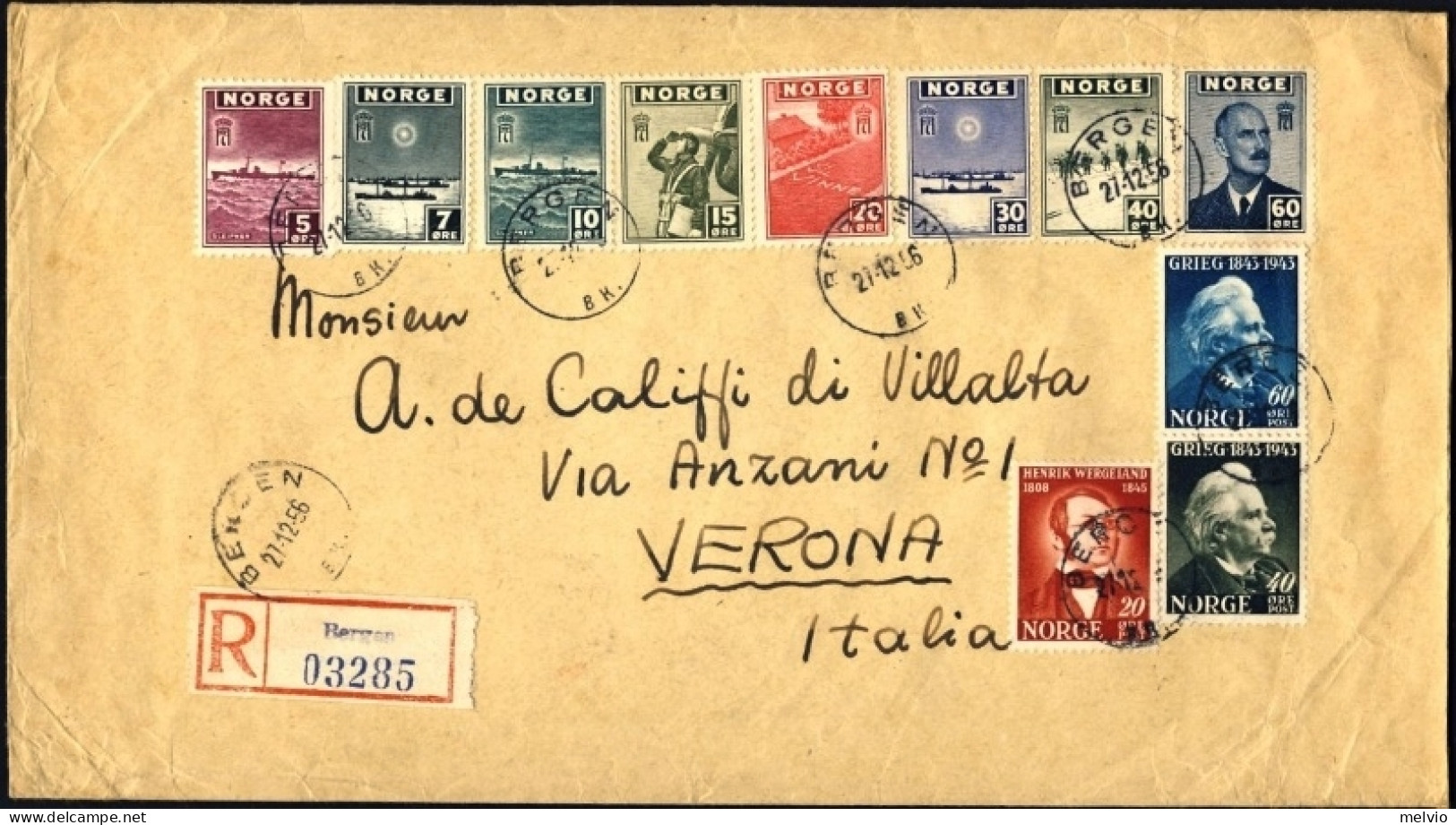 1956-Norvegia Raccomandata Viaggiata Diretta In Italia Con Bella Affrancatura Mu - Altri & Non Classificati