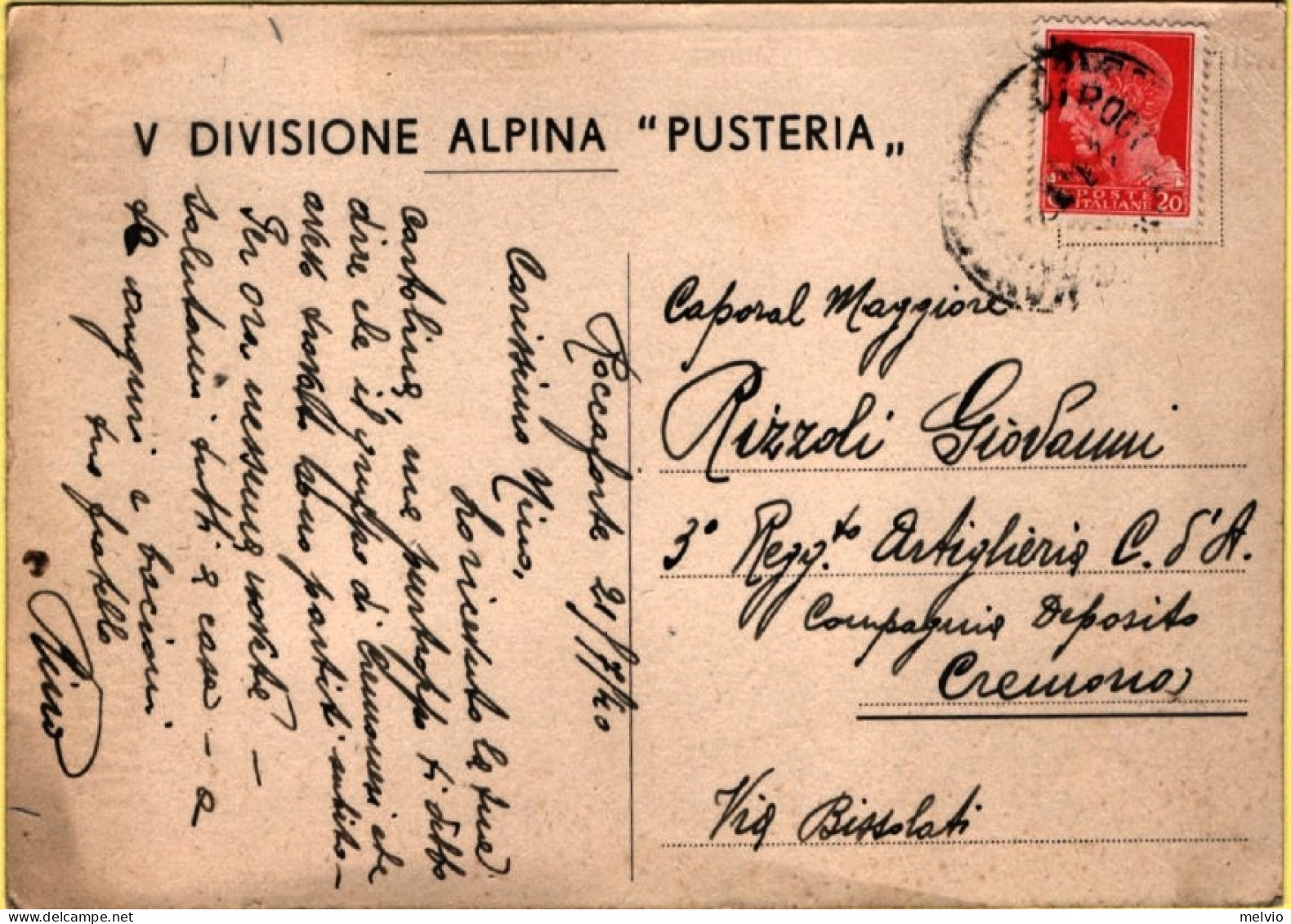 1940-V Divisione Alpina PUSTERIA Viaggiata - Patriotiques
