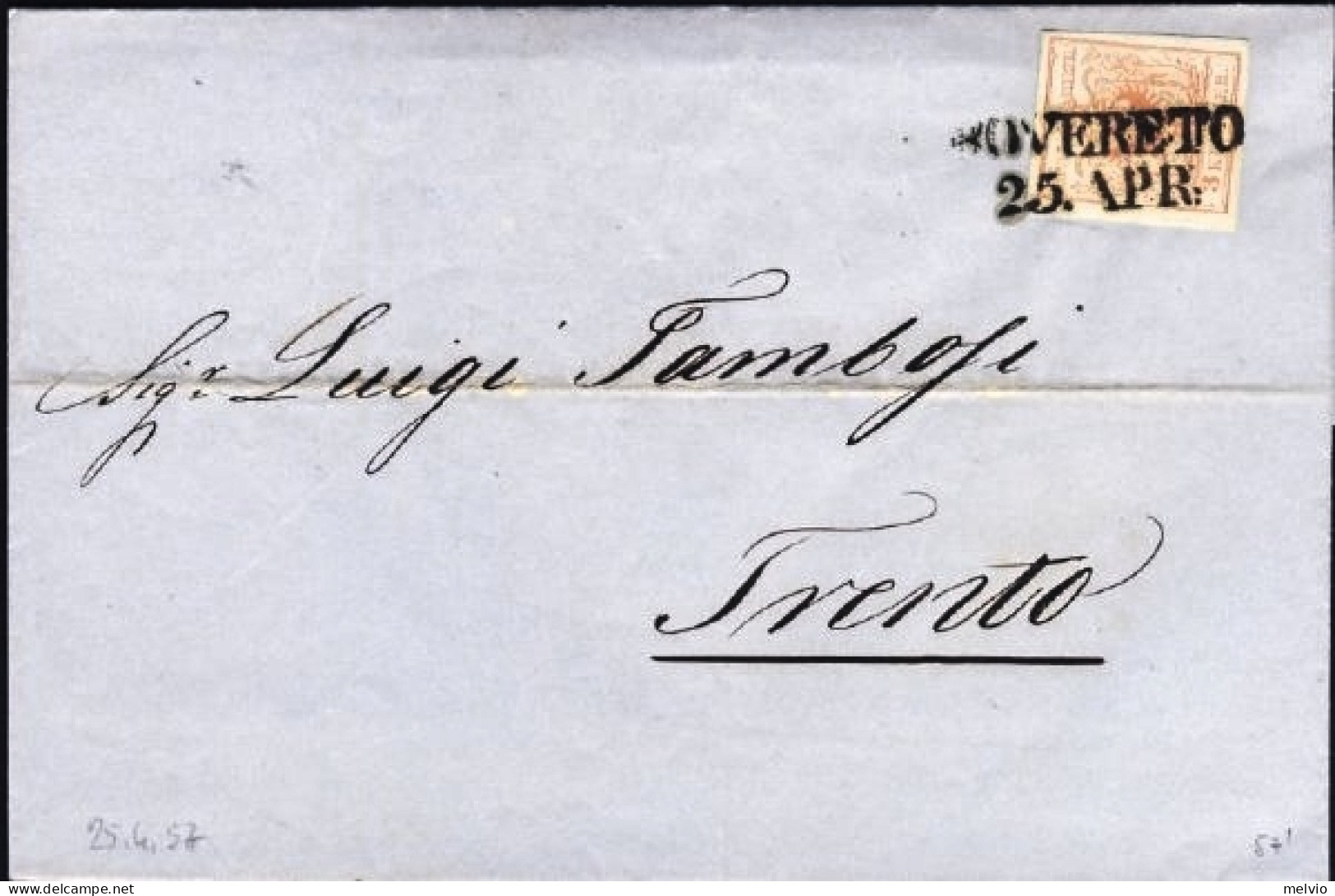 1857-Austria Piego Affrancato 3kr.annullo SD Rovereto 25 Aprile - Sonstige & Ohne Zuordnung