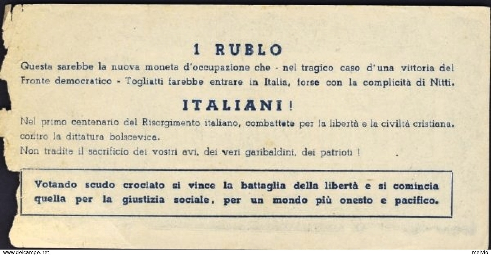 1948-1 Rublo Propaganda Dello Scudo Crociato In Funzione Antibolscevica Nella Fi - Publicidad
