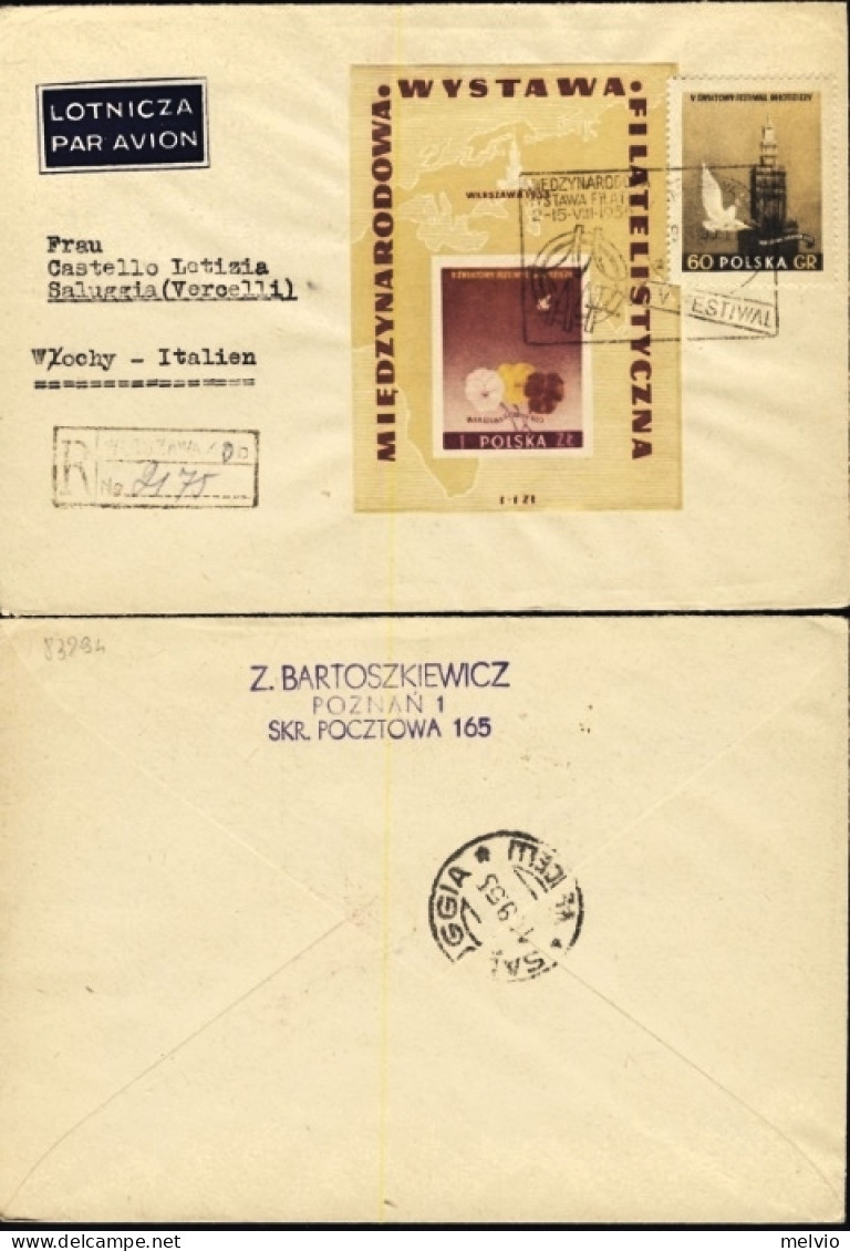 1955-Polonia Due Raccomandate Dirette In Italia Affrancate Con I Foglietti Expo  - FDC