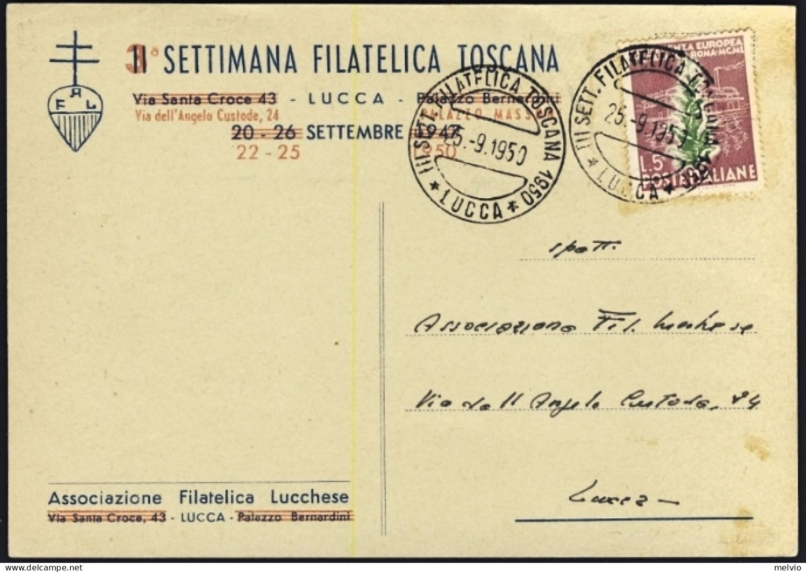 1950-cartolina 3^ Settimana Filatelica Toscana Lucca Affrancata L.5 Tabacco - Manifestazioni