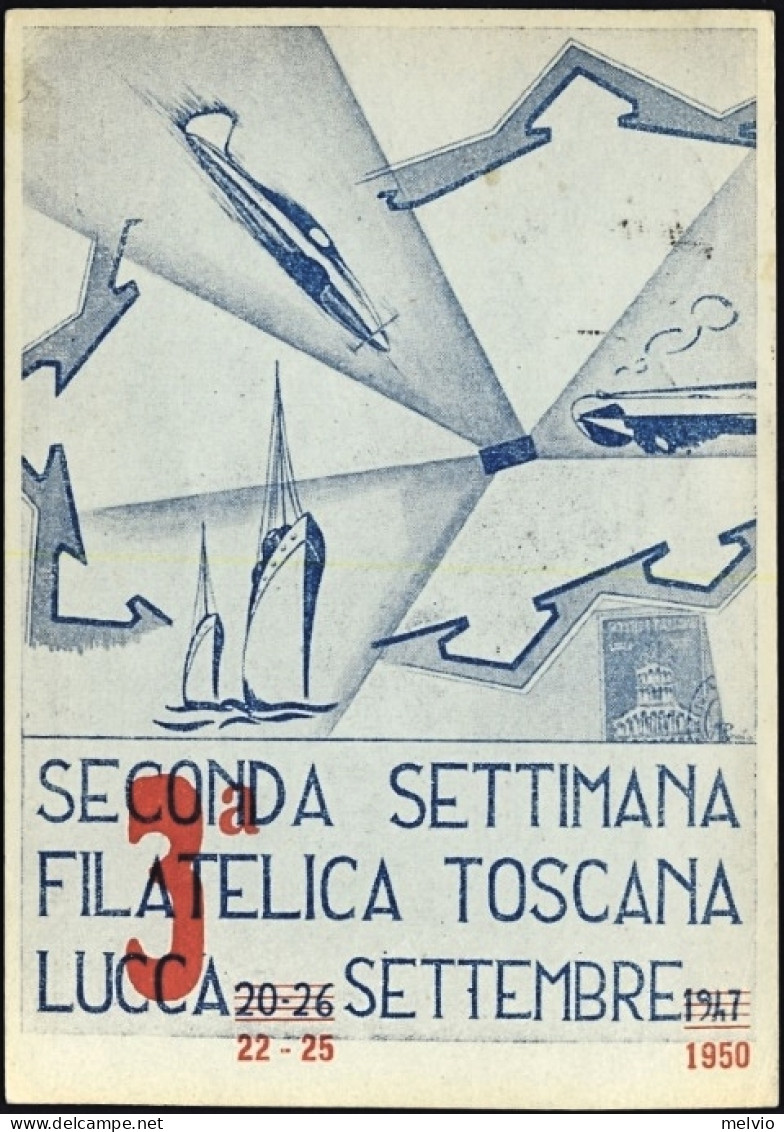 1950-cartolina 3^ Settimana Filatelica Toscana Lucca Affrancata L.5 Tabacco - Manifestazioni