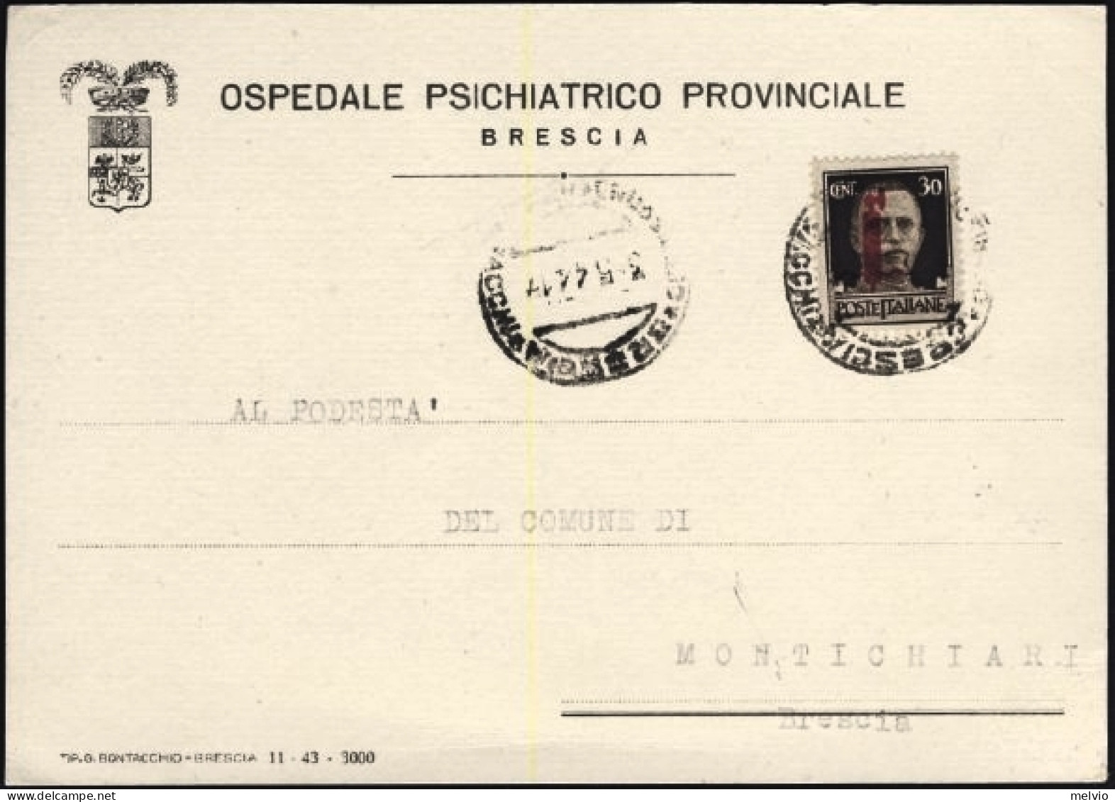 1944-RSI Cartolina Ospedaliera Affrancata Con 30c.soprastampa Fascio Rosso Bruno - Marcofilie