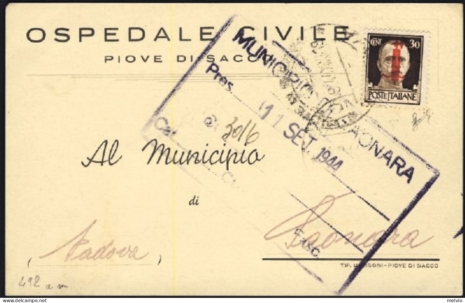 1944-RSI Cartolina Ospedaliera Affrancata Con 30c.soprastampa Fascio Rosso Aranc - Marcofilía