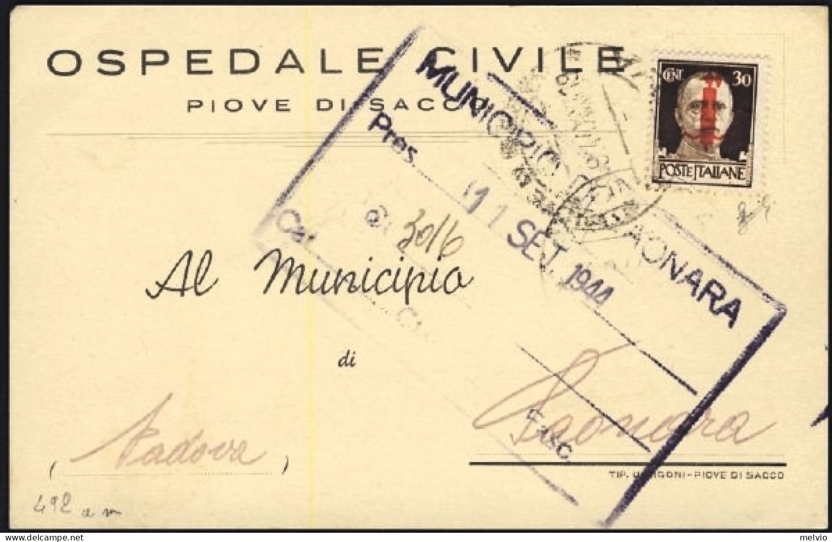 1944-RSI Cartolina Ospedaliera Affrancata Con 30c.soprastampa Fascio Rosso Aranc - Poststempel