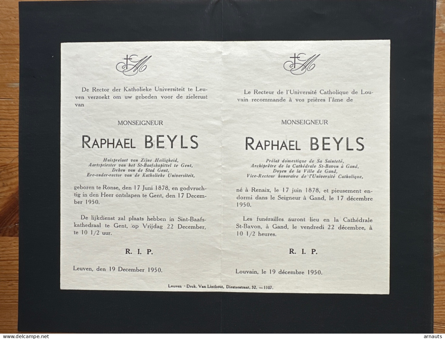 Rector Kath. Univ Leuven KUL U Gebed Monseigneur Raphael Beyls *1878 Ronse +1950 Gent Huisprelaat Zijne Heiligheid Deken - Obituary Notices