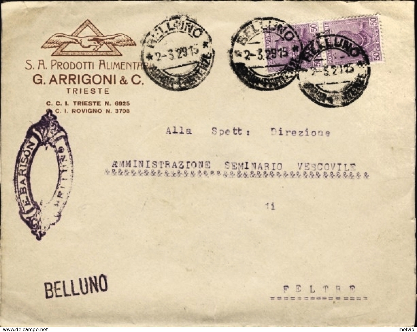 1929-Chiudilettera Ovale Arrigoni Su Busta Della Stessa Societa' Affrancata Copp - Erinnophilie